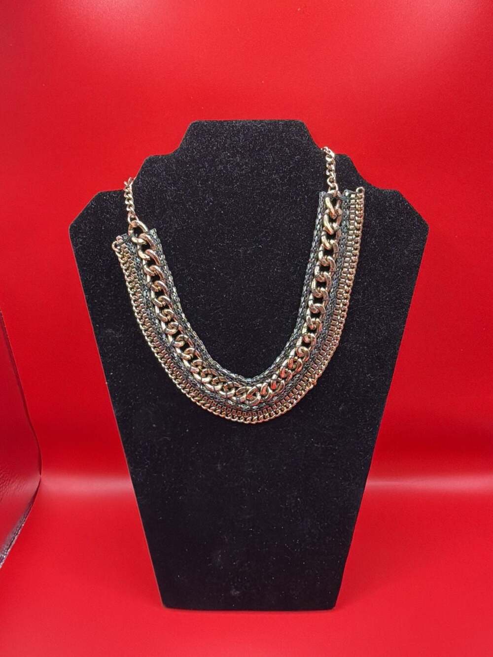 Layered Statement Necklace Multi-Chain Metal and Mesh Collar